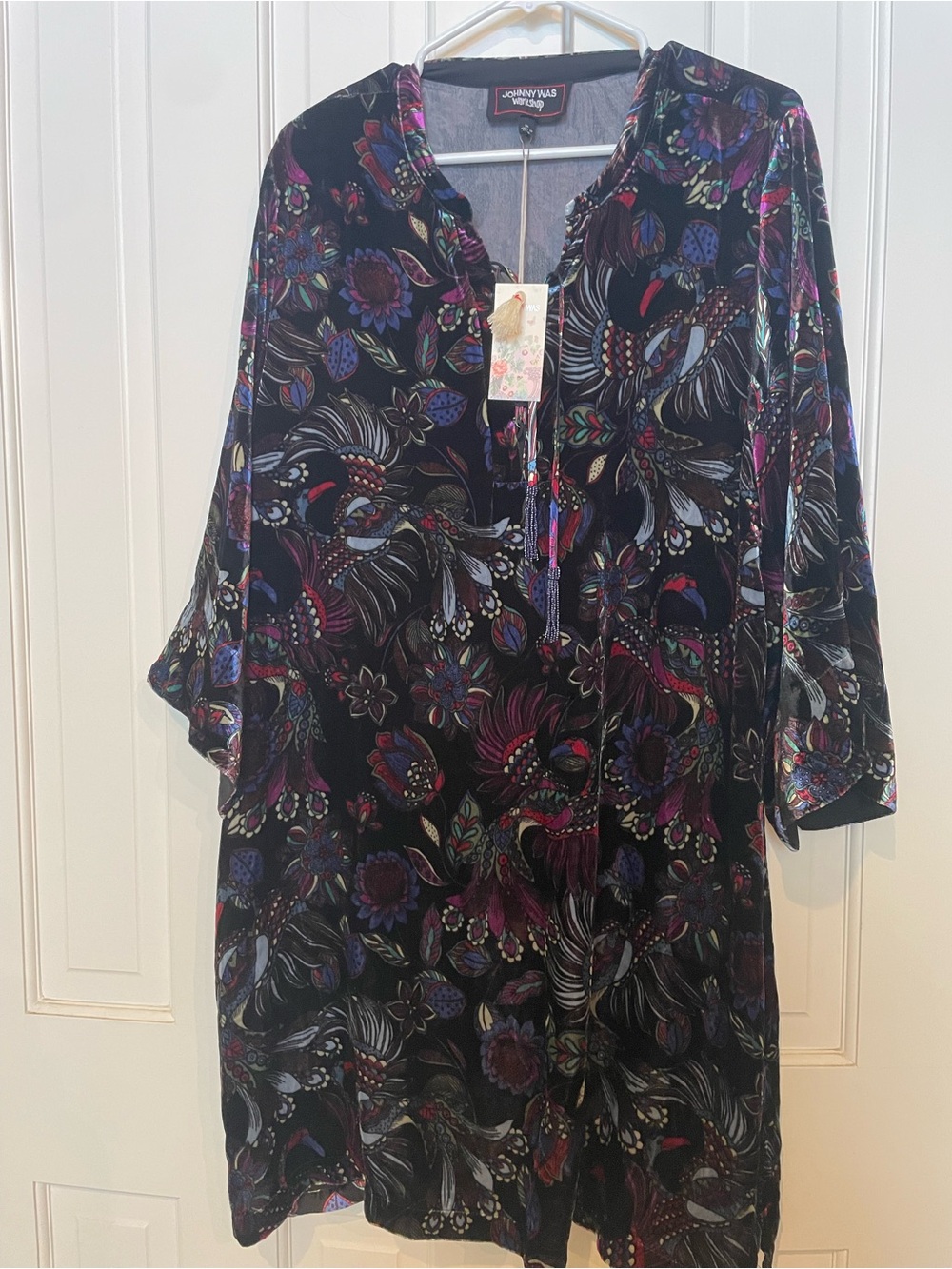 Johnny Was Black Velvet Floral Paisley Long-Sleeve Tunic Dress